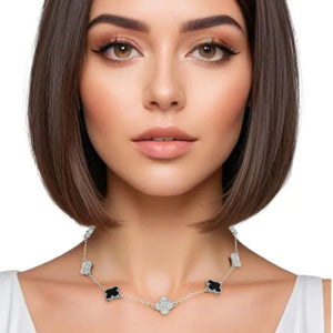 Imspired Van Kleef Chic Enchantment: Gold or Silver  Black Clover Station Pendant Necklace (rhinestone)