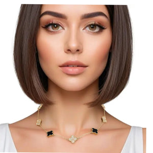 Imspired Van Kleef Chic Enchantment: Gold or Silver  Black Clover Station Pendant Necklace (rhinestone)
