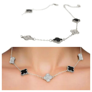 Imspired Van Kleef Chic Enchantment: Gold or Silver  Black Clover Station Pendant Necklace (rhinestone)