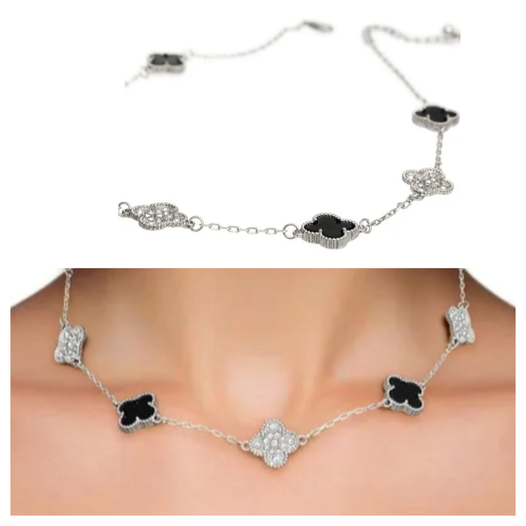 Imspired Van Kleef Chic Enchantment: Gold or Silver  Black Clover Station Pendant Necklace (rhinestone)