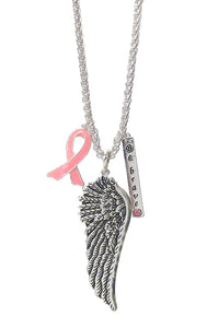 Angel wing and pink ribbon long necklace - breast cancer awareness