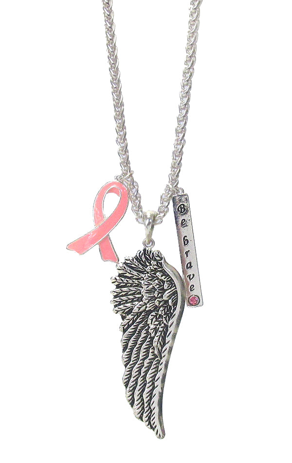 Angel wing and pink ribbon long necklace - breast cancer awareness