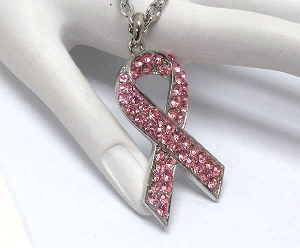 Crystal stud pink ribbon pendant necklace - breast cancer awareness