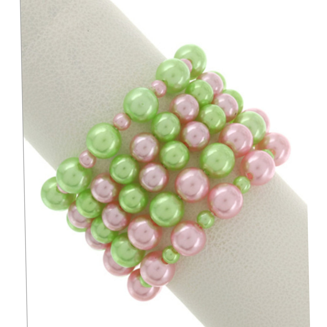Pink and green 5 strand pearl bracelet
