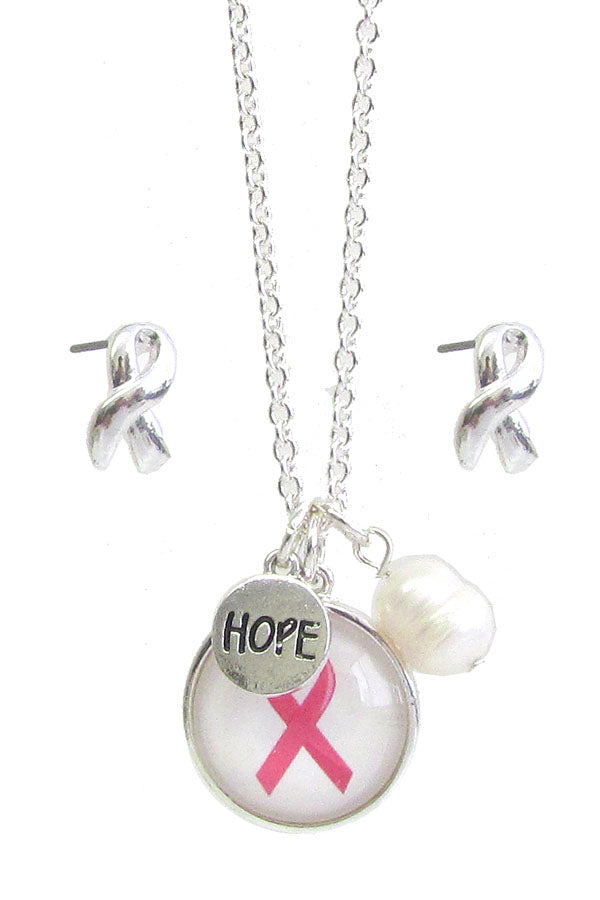 Cabochon pink HOPE ribbon pendant necklace set - breast cancer awareness